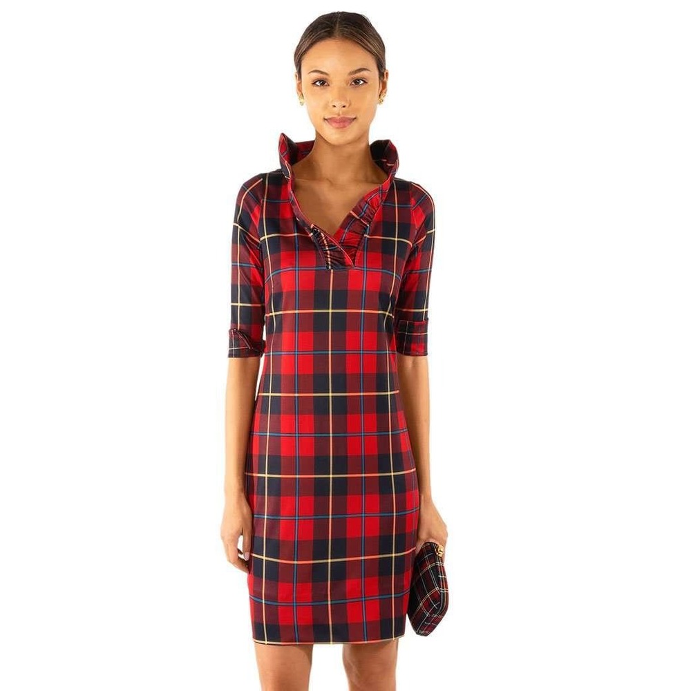 Gretchen Scott Red Navy Plaid Ruffneck Dress XS Ruffle Collar $219 MSRP
